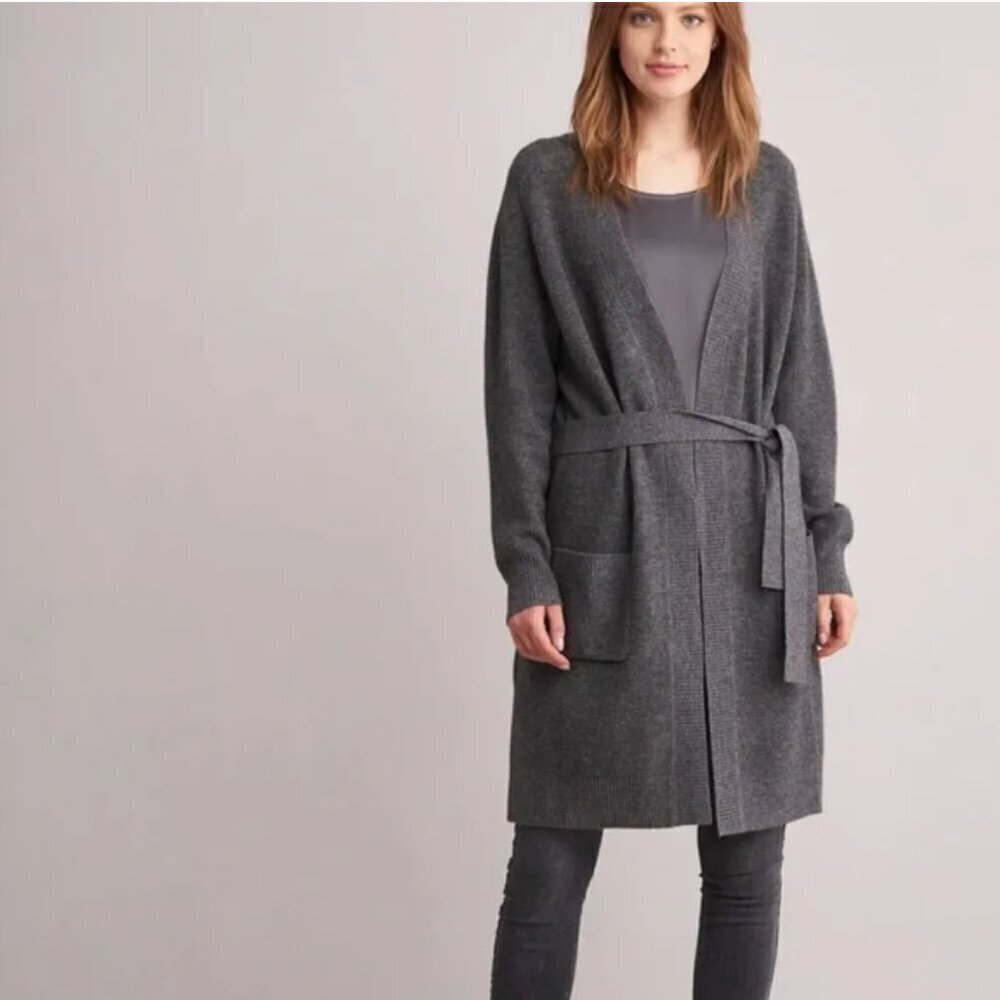 Garnet Hill Womens Size XS Duster Cardigan Dark Gray Pockets Tie Waist Lambswool